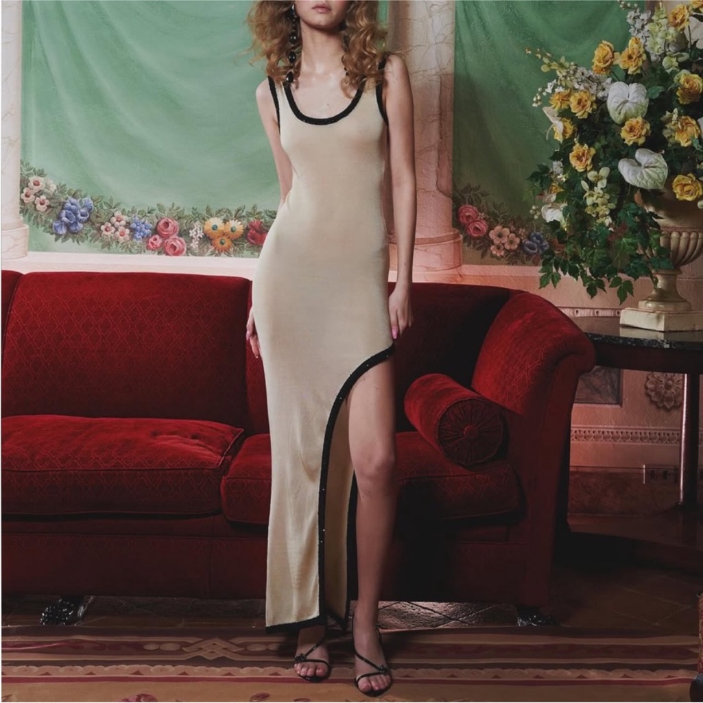 Asta Resort Champagne Sleeveless Dress With Black Trim